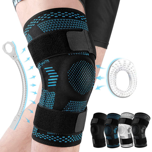 Sports kneepads for knee pain relief, tear damage recovery, with side stabilizers, patella support gel, compression sleeve